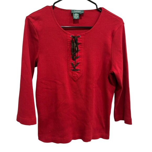 Lauren Ralph Lauren Size Large Ribbed Lace Up 3/4 Sleeve Top Red Black - Picture 1 of 9